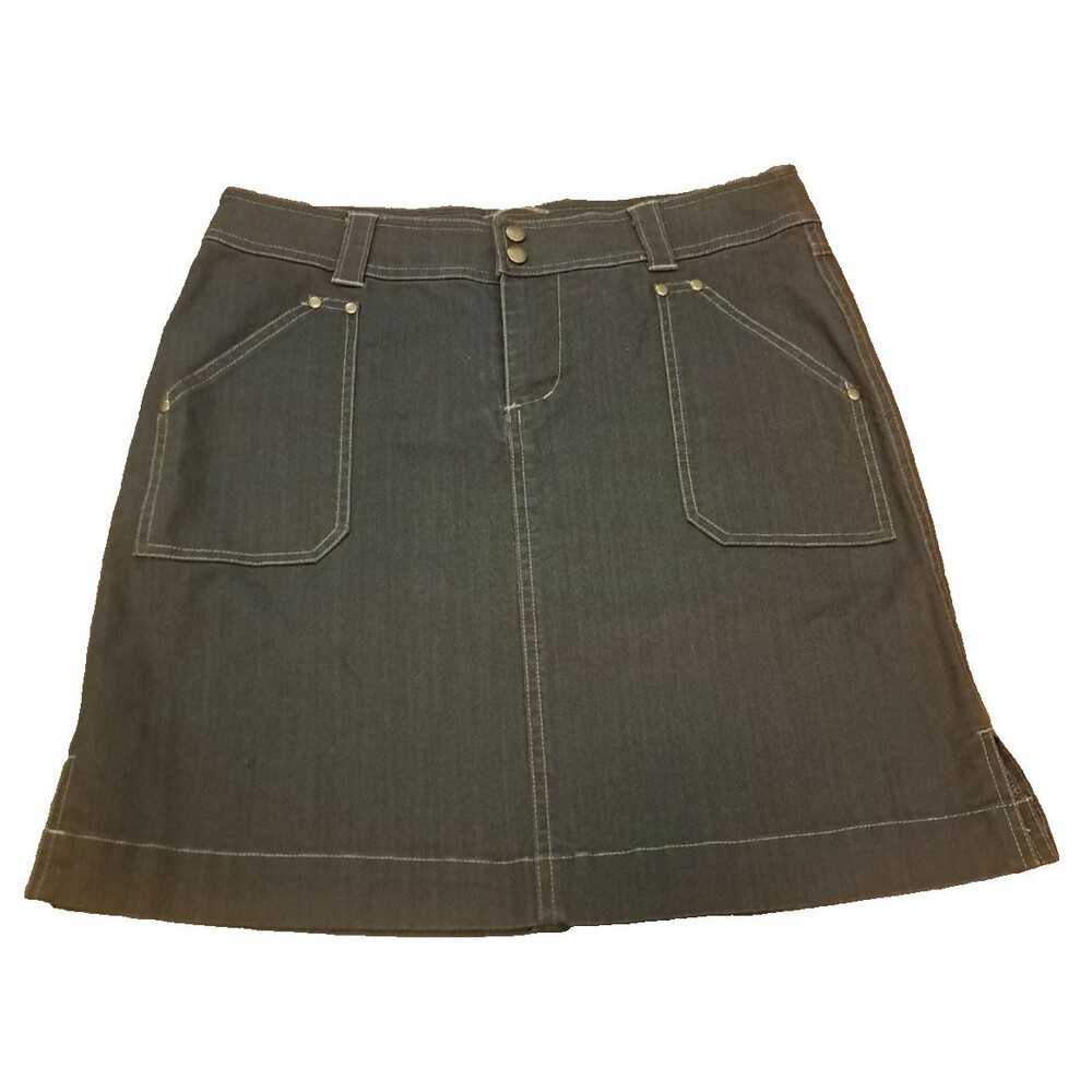 Kuhl Denim Mini Skirt Brown Pockets Stretch Outdoors Hiking Sporty Flirty 10